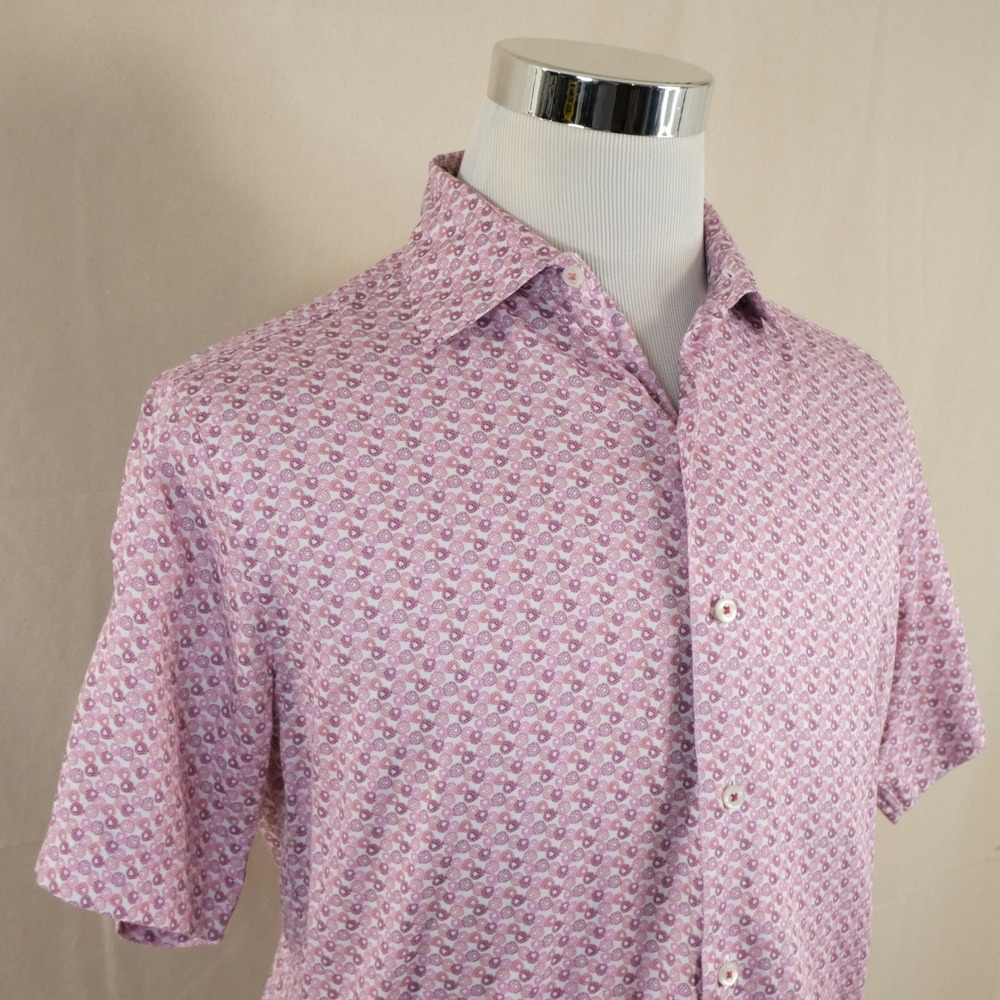 David Donahue Medium Button Front Shirt Pink Floral Cotton Short Sleeve Mens